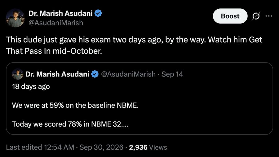 Tweet by Dr. Marish Asudani on Sep 30, 2026: this dude just gave his exam 2 days ago, watch him get that pass in mid-October. It quotes the Sep 14 tweet about 78% in NBME 32.